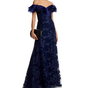 TERI JON BY RICKIE FREEMAN Organza off the shoulder sequin embroidered gown